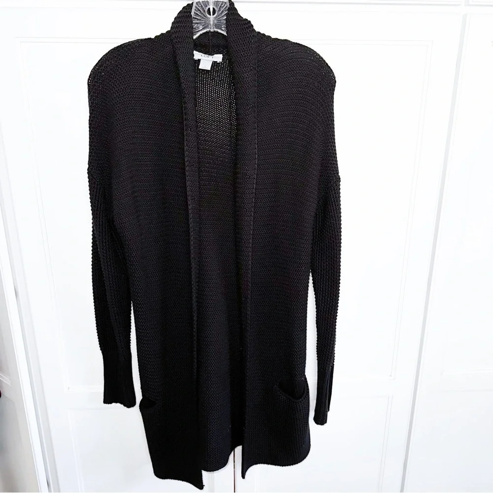 LOFT Black Cotton Cardigan Shawl Collar With Pockets Waffle Weave Knit